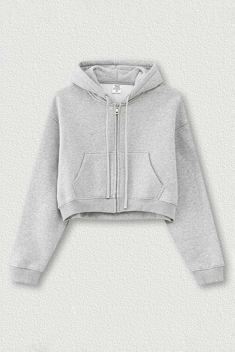 Loose cropped zip-up hooded jacket