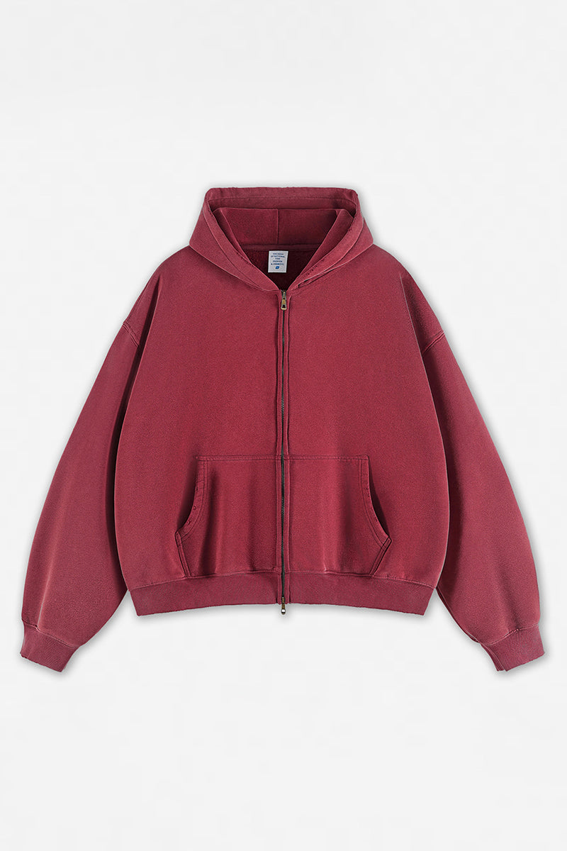 Unisex Boxy Heavyweight Washed Brushed Zip Hoodie