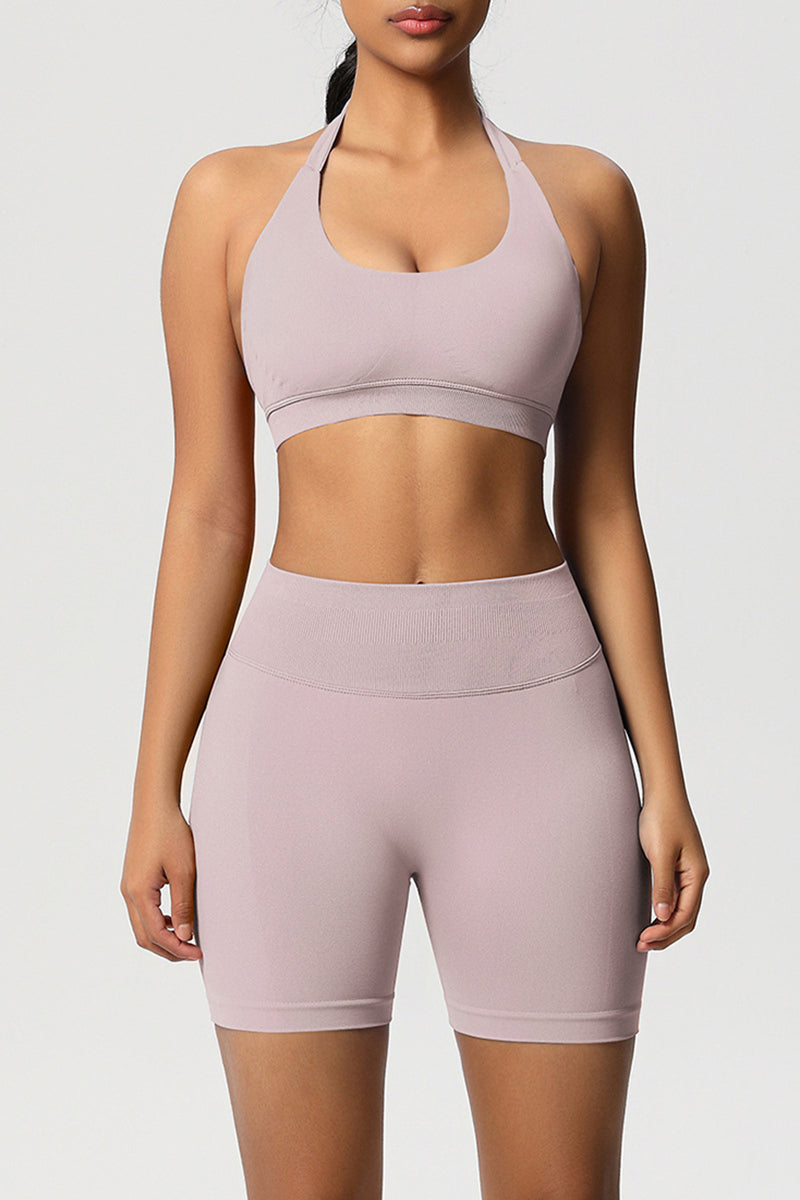Women Halter Neck Yoga Set: High-Waisted Sculpting Shorts + Backless Sports Bra