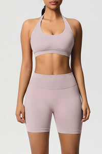 Women Halter Neck Yoga Set: High-Waisted Sculpting Shorts + Backless Sports Bra
