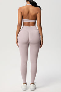 Women Seamless Knit Yoga Set: Halter Back Sports Bra + Sculpting Leggings