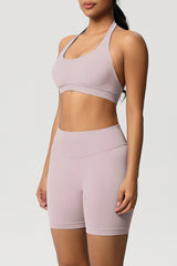 Women Halter Neck Yoga Set: High-Waisted Sculpting Shorts + Backless Sports Bra