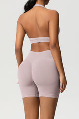 Women Halter Neck Yoga Set: High-Waisted Sculpting Shorts + Backless Sports Bra