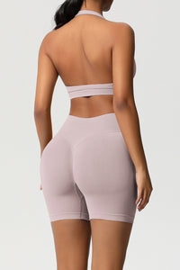 Women Halter Neck Yoga Set: High-Waisted Sculpting Shorts + Backless Sports Bra