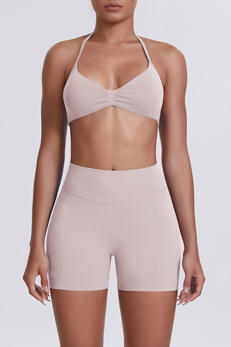 Women Halter Neck Yoga Set: High-Waisted Sculpting Shorts + Backless Sports Bra