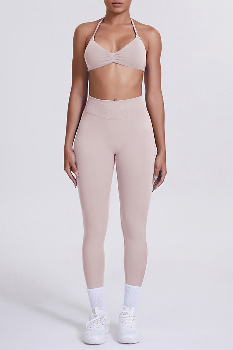 Women Seamless Yoga Set: High-Waisted Sculpting Leggings + Halter Neck Sports Bra