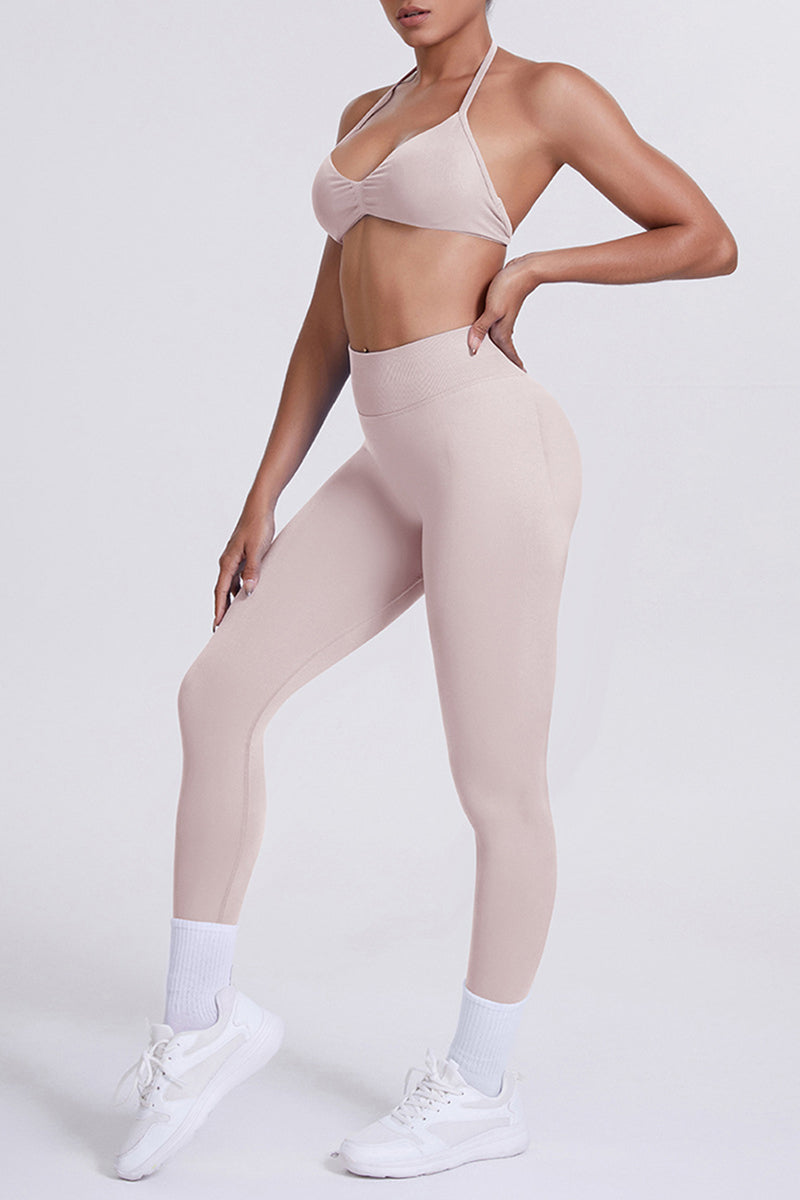 Women Seamless Yoga Set: High-Waisted Sculpting Leggings + Halter Neck Sports Bra