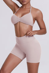 Women Halter Neck Yoga Set: High-Waisted Sculpting Shorts + Backless Sports Bra