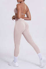 Women Seamless Yoga Set: High-Waisted Sculpting Leggings + Halter Neck Sports Bra