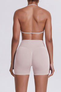 Women Halter Neck Yoga Set: High-Waisted Sculpting Shorts + Backless Sports Bra