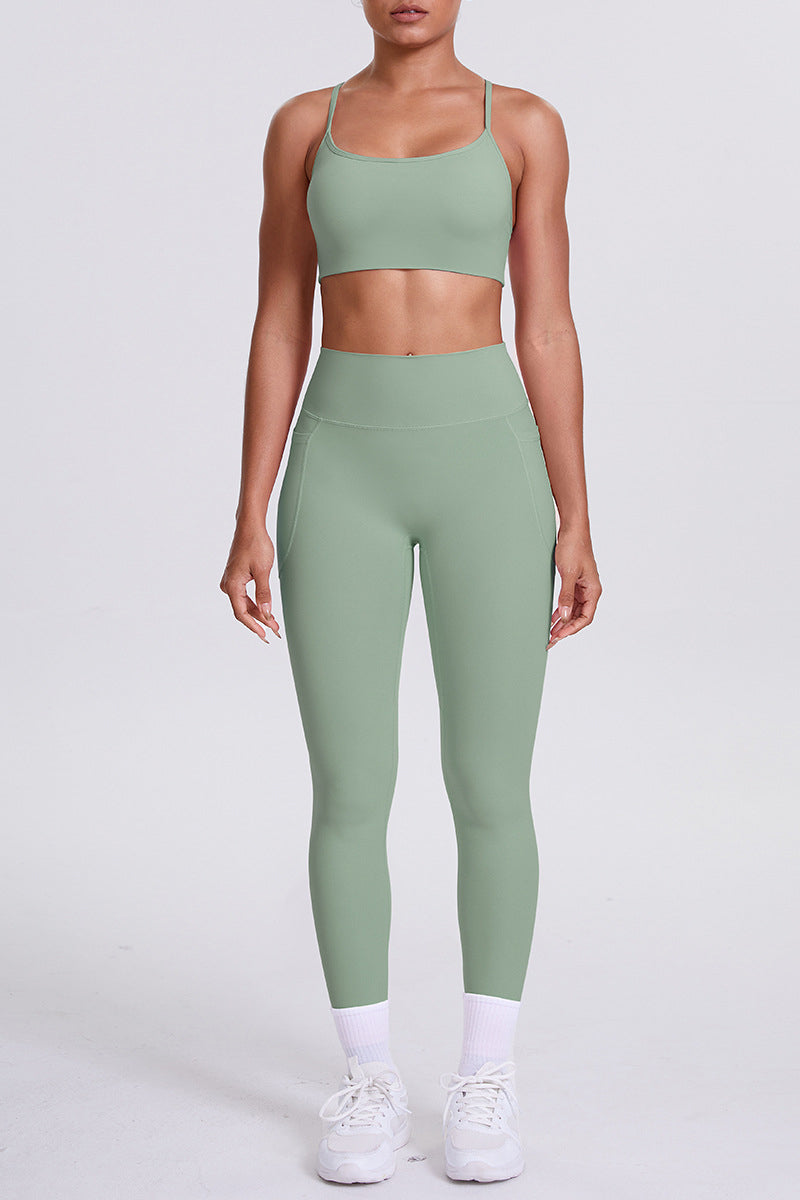 Women High-Waisted Pocket Yoga Set: Seamless Sports Bra + Sculpting Leggings