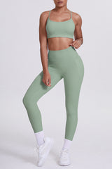 Women High-Waisted Pocket Yoga Set: Seamless Sports Bra + Sculpting Leggings