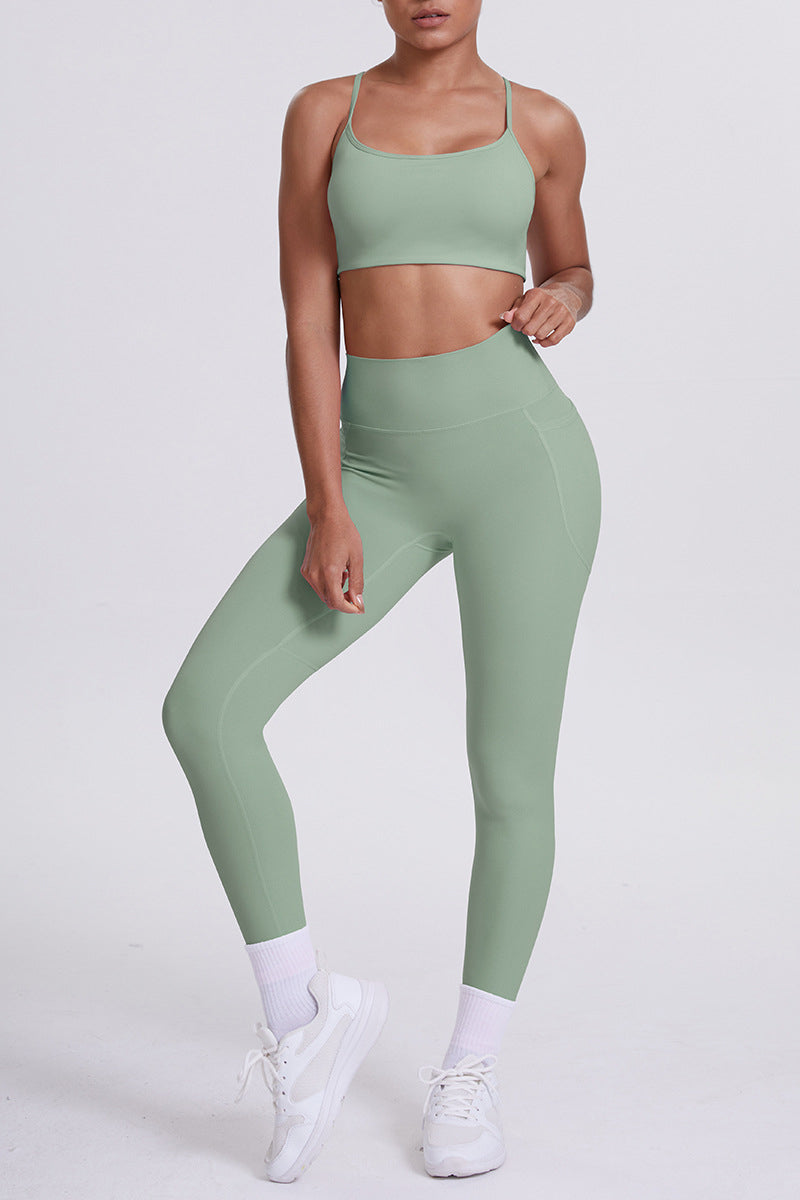 Women High-Waisted Pocket Yoga Set: Seamless Sports Bra + Sculpting Leggings