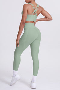 Women Cross-Back Yoga Set: High-Waisted Sculpting Leggings with Pocket + Cloud-Touch Sports Bra
