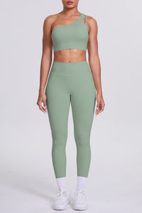 Women One-Shoulder Yoga Set: Naked-Feel High-Waisted Sculpting Leggings + Cross-Back Sports Bra