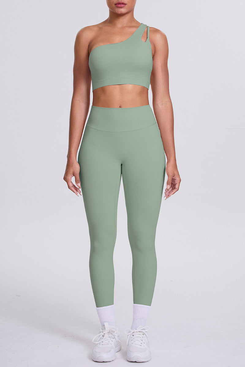 Women One-Shoulder Yoga Set: Naked-Feel High-Waisted Sculpting Leggings + Cross-Back Sports Bra