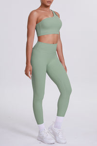 Women One-Shoulder Yoga Set: Naked-Feel High-Waisted Sculpting Leggings + Cross-Back Sports Bra