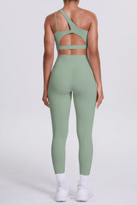 Women One-Shoulder Yoga Set: Naked-Feel High-Waisted Sculpting Leggings + Cross-Back Sports Bra