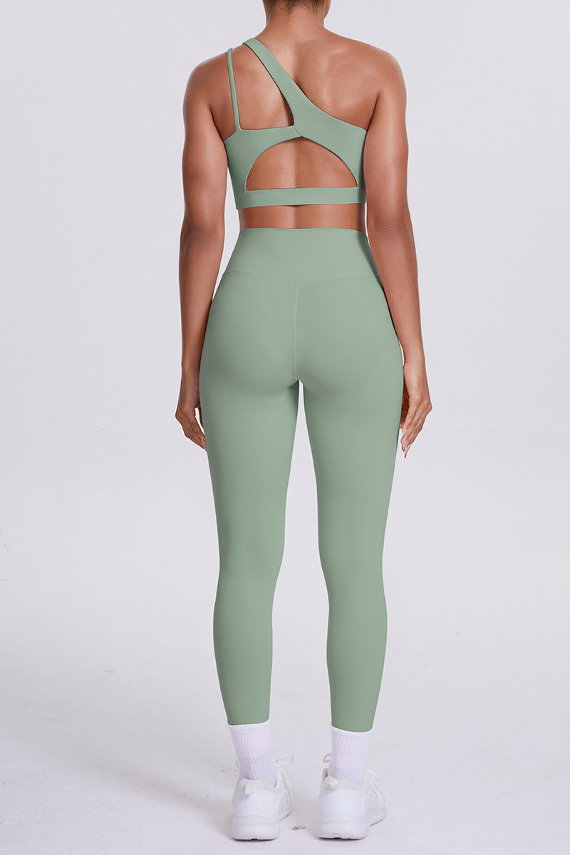 Women One-Shoulder Yoga Set: Naked-Feel High-Waisted Sculpting Leggings + Cross-Back Sports Bra