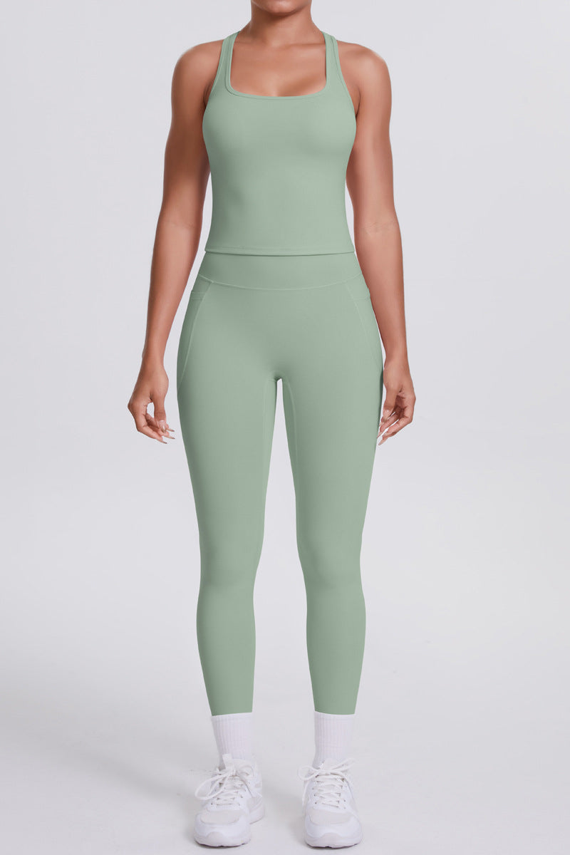 Women Naked-Feel Yoga Set: High-Waisted Pocket Leggings + Square Neck Sports Bra