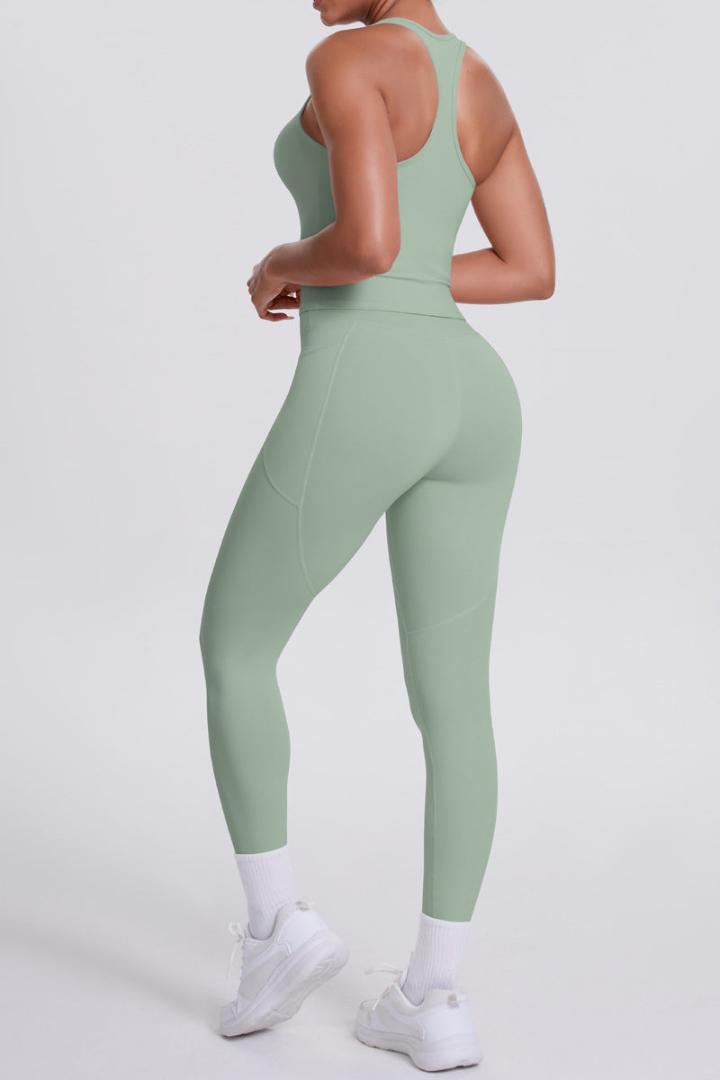Women Naked-Feel Yoga Set: High-Waisted Pocket Leggings + Square Neck Sports Bra