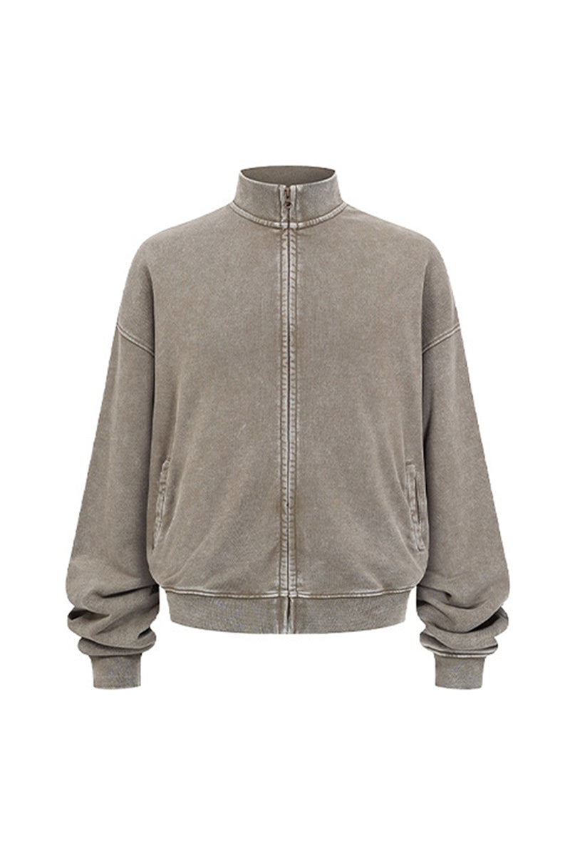 Men/Women Vintage Washed Zip-up Sweatshirt - Pure Cotton Terry Stand-up Collar