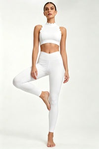 Women's Scallop-Edge High-Neck Top And Leggings Sports Set