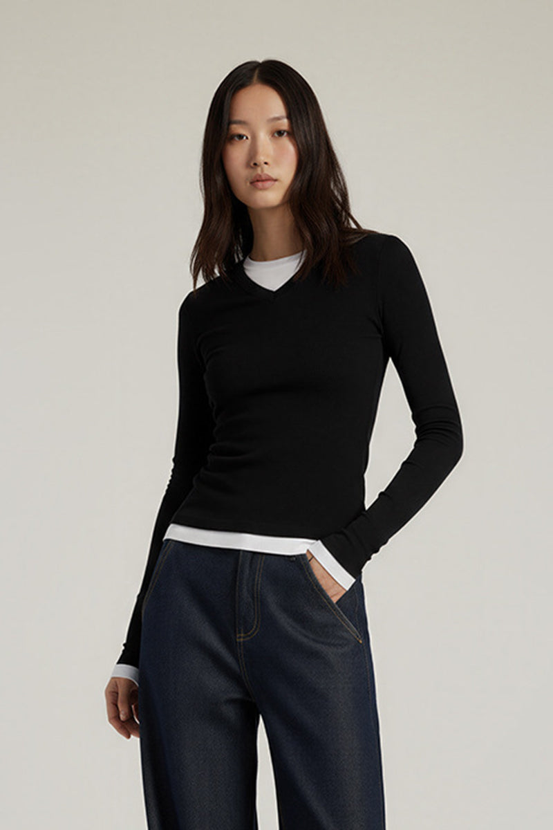 Women V-Neck Layered Slim-Fit Cashmere-Touch Long-Sleeve Knit Top