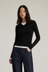 Women V-Neck Layered Slim-Fit Cashmere-Touch Long-Sleeve Knit Top
