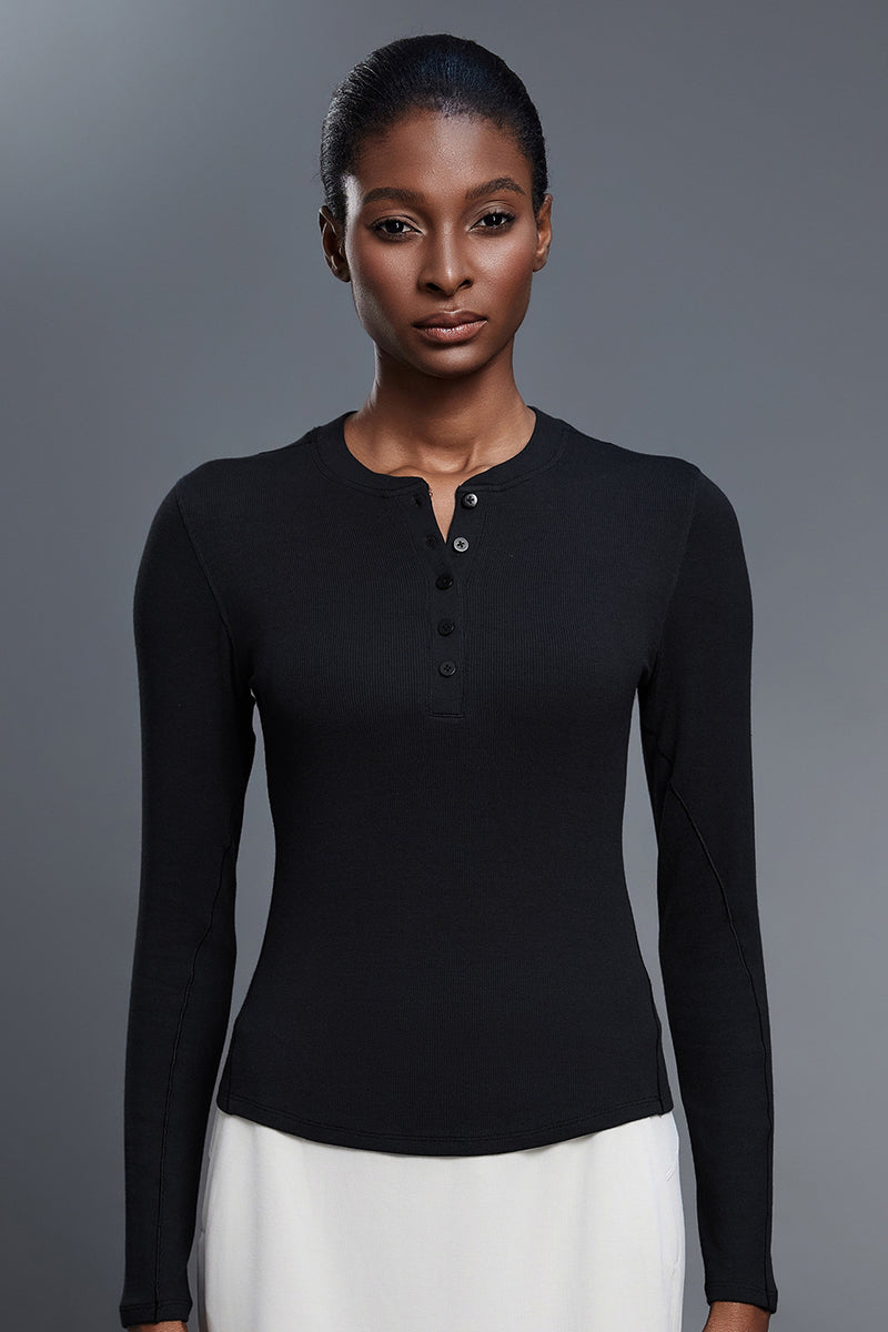 Women Henley-Collar Modal Comfort-Fit Yoga Long Sleeve Tee