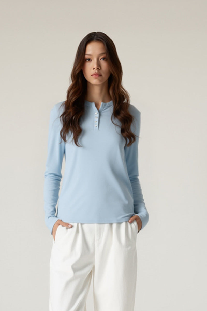 Women Lyocell Henley Slim Fit Long Sleeve T-Shirt