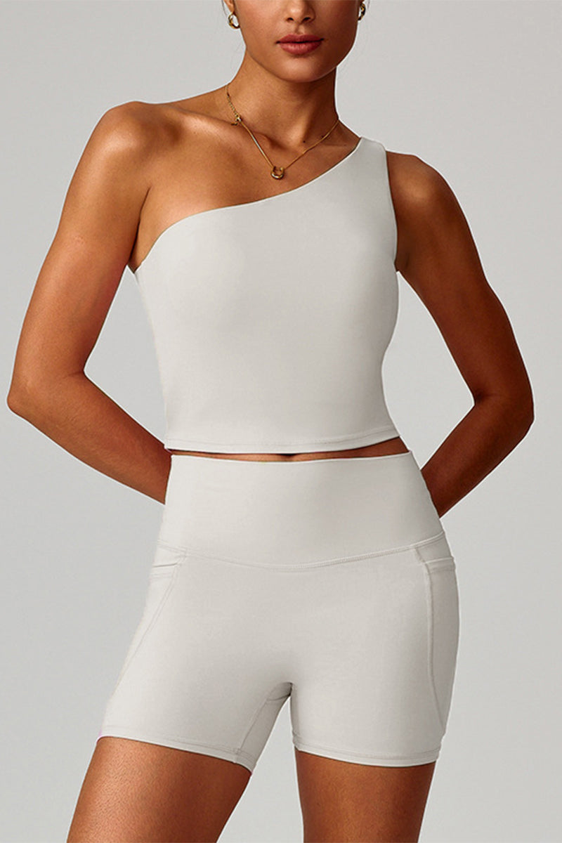 Women Cloud-Feel Quick-Dry Yoga Set: Asymmetric Strap Bra + High-Waist Pocket Shorts