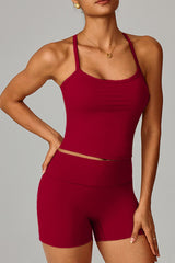 Women Brushed Slim Fit Yoga Set: Square Neck Camisole + High Waist Shorts
