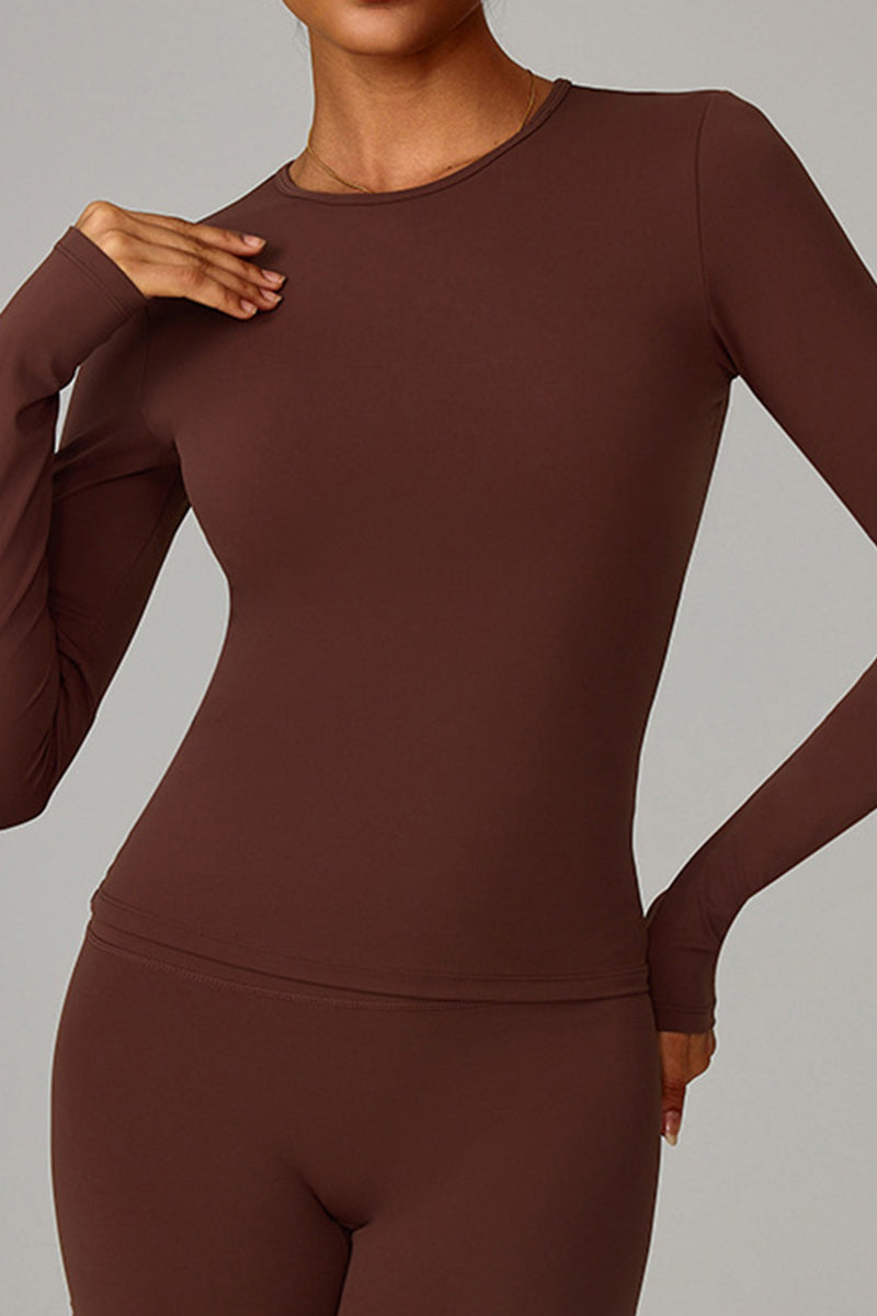 Women Brushed Round Neck Slim Fit Workout Long Sleeve Top
