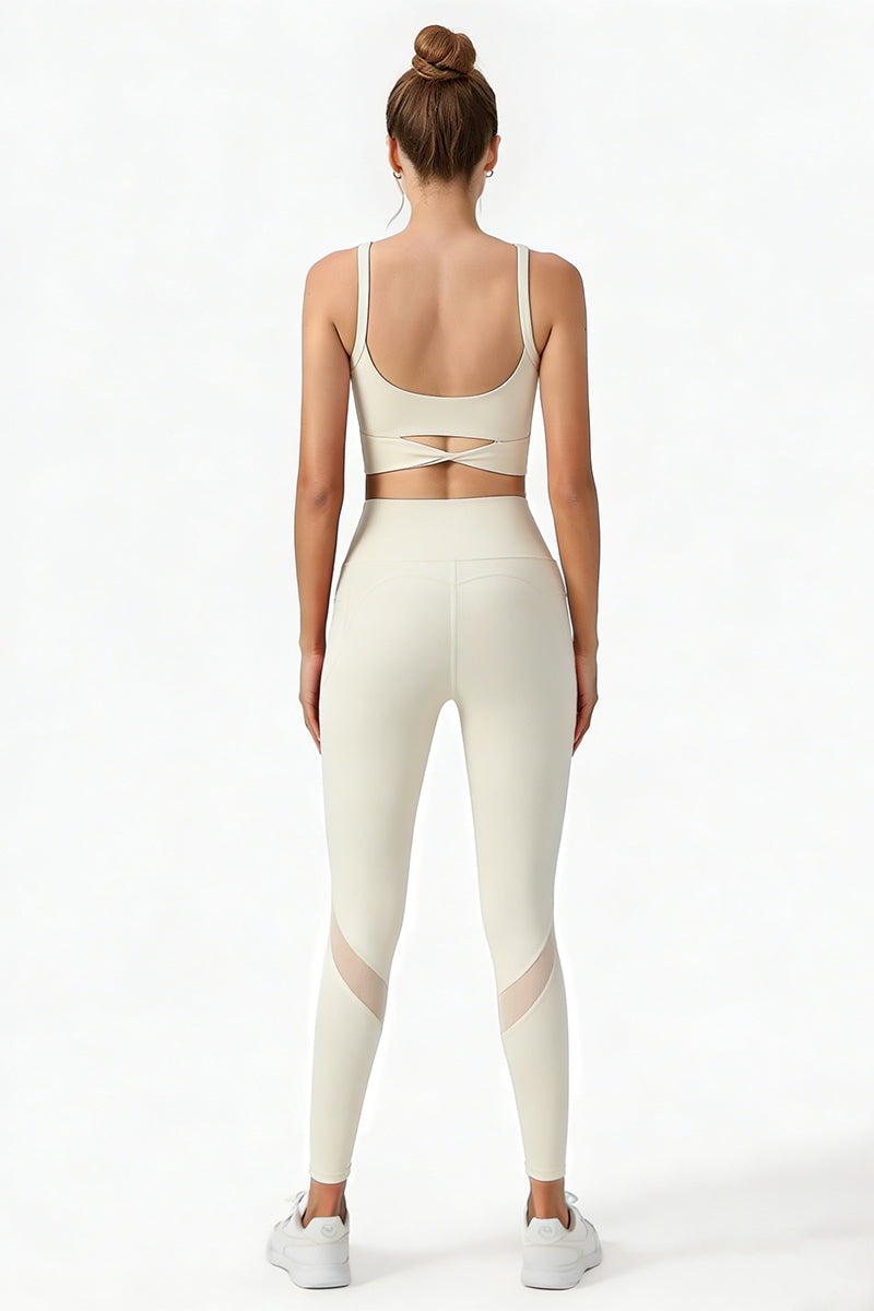 Women's Yoga Sets:Twist-Back Bra And Mesh Panel Leggings