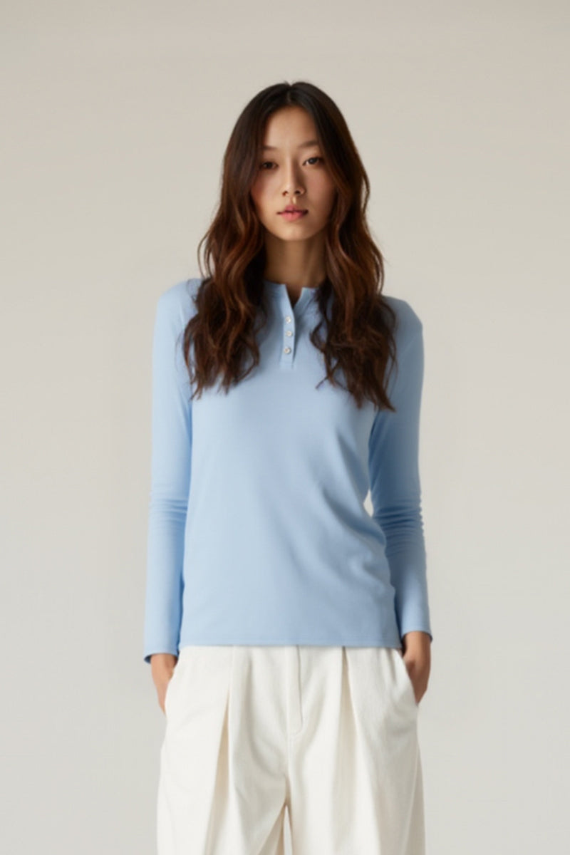 Women Lyocell Henley Slim Fit Long Sleeve T-Shirt