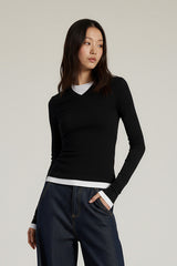 Women V-Neck Layered Slim-Fit Cashmere-Touch Long-Sleeve Knit Top