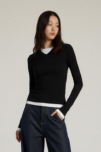 Women V-Neck Layered Slim-Fit Cashmere-Touch Long-Sleeve Knit Top