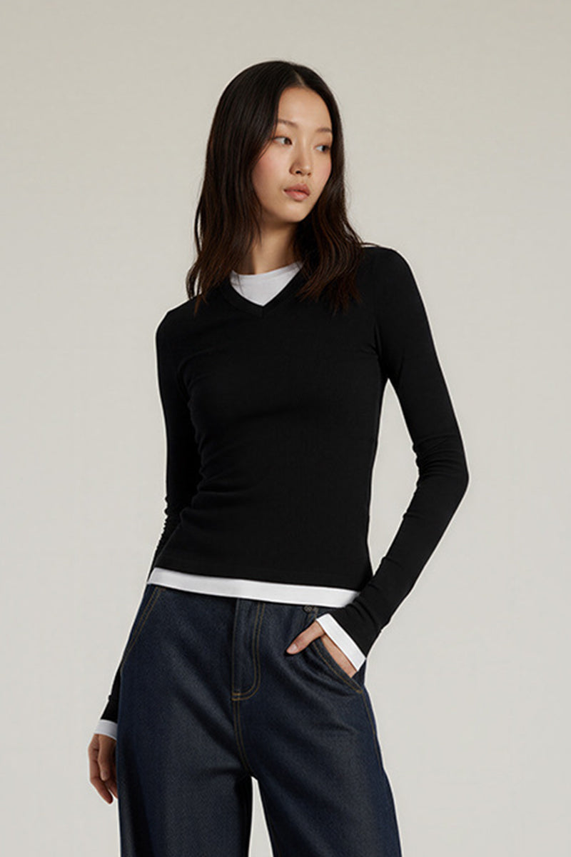 Women V-Neck Layered Slim-Fit Cashmere-Touch Long-Sleeve Knit Top