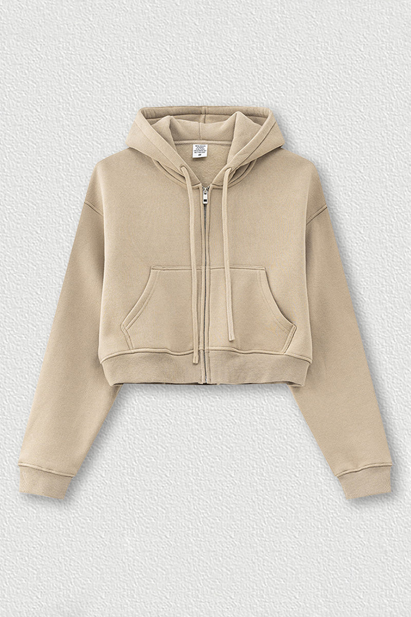 Loose cropped zip-up hooded jacket
