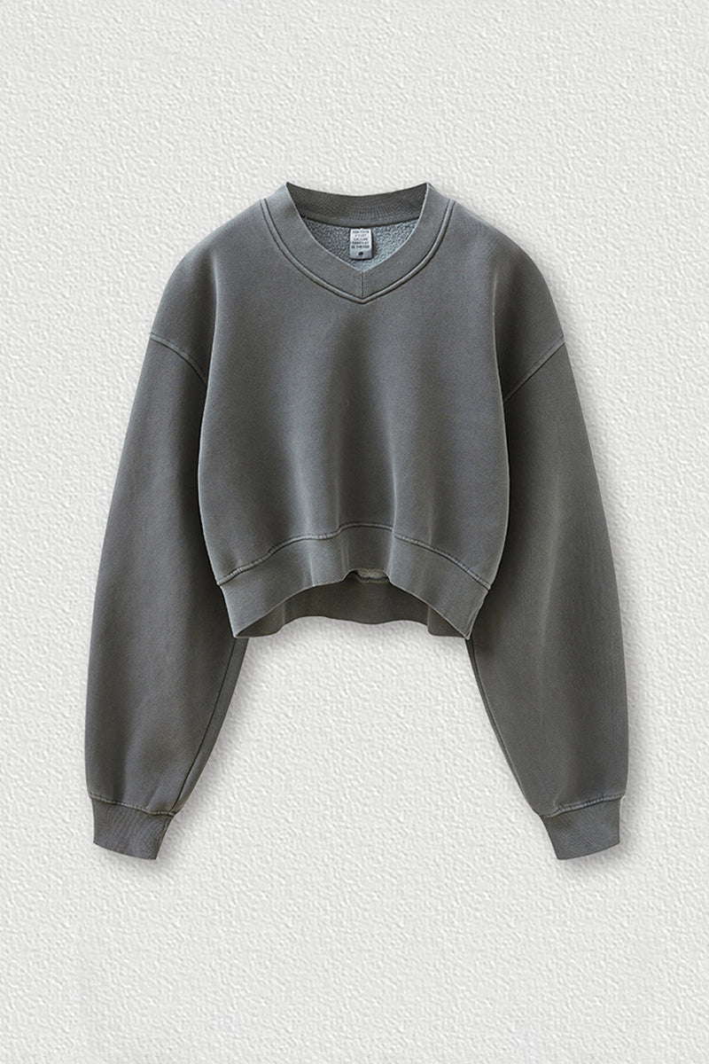 Women's washed velvet V-neck cropped sweatshirt