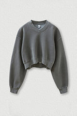 Women's washed velvet V-neck cropped sweatshirt