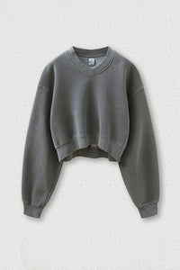 Women's washed velvet V-neck cropped sweatshirt