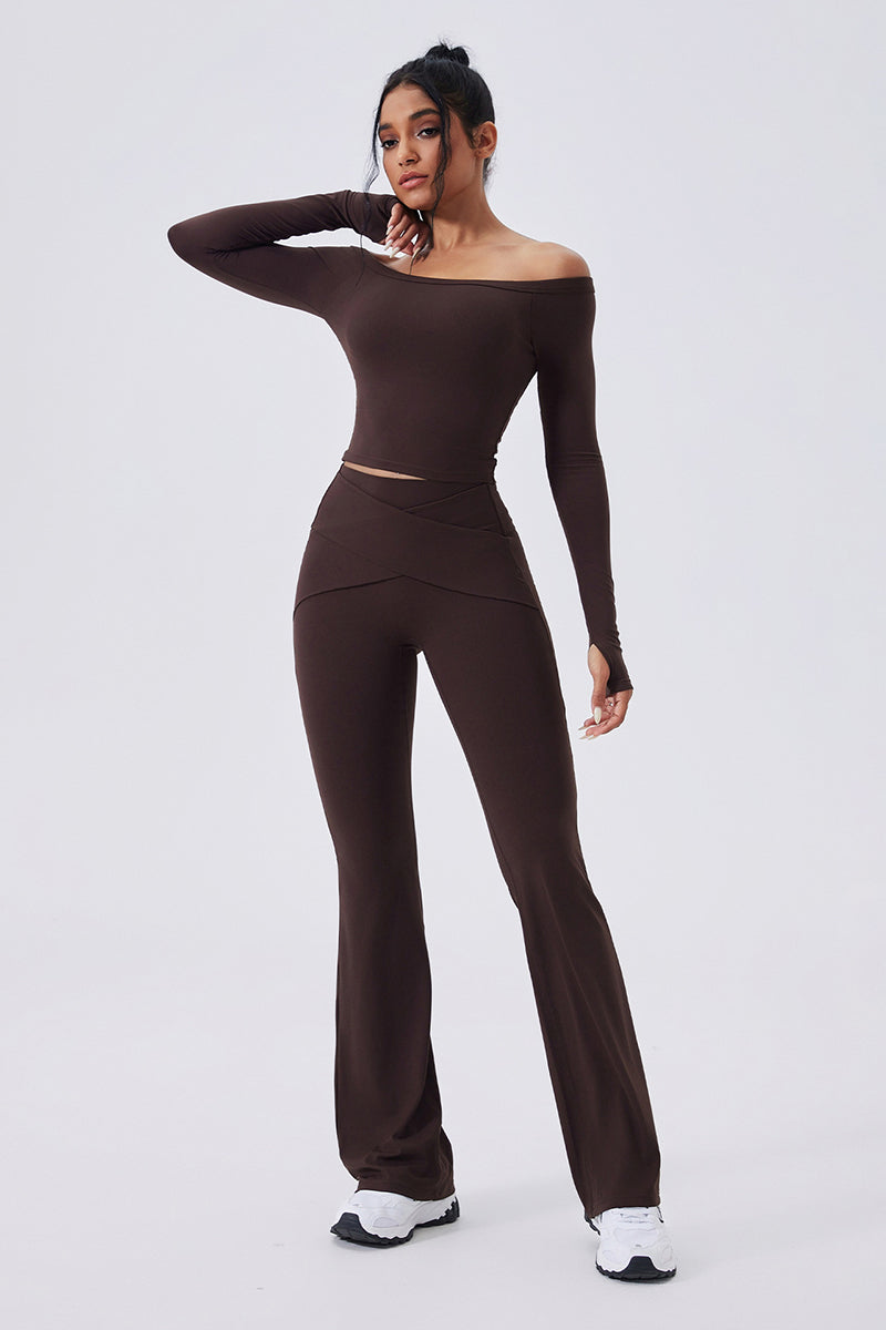 Women Off-Shoulder High-Waist Quick-Dry Yoga Set: Long Sleeve Top + Leggings