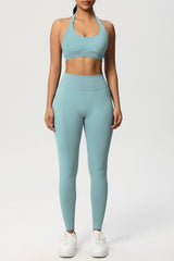 Women Seamless Knit Yoga Set: Halter Back Sports Bra + Sculpting Leggings