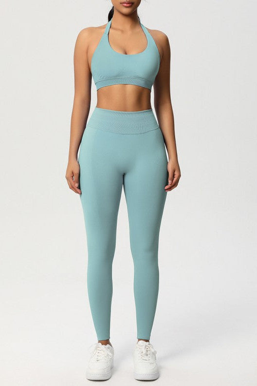 Women Seamless Knit Yoga Set: Halter Back Sports Bra + Sculpting Leggings