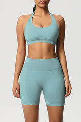 Women Halter Neck Yoga Set: High-Waisted Sculpting Shorts + Backless Sports Bra