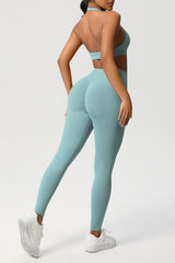 Women Seamless Knit Yoga Set: Halter Back Sports Bra + Sculpting Leggings