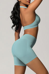 Women Halter Neck Yoga Set: High-Waisted Sculpting Shorts + Backless Sports Bra