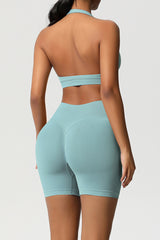 Women Halter Neck Yoga Set: High-Waisted Sculpting Shorts + Backless Sports Bra